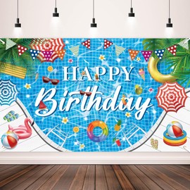 Pool Party Decorations Large Pool Happy Birthday Party Backdrop Banner Photo Booth Background Sign for Pool Party Supplies,Summer Party Decorations,Swimming Pool Party Decorations,Hawaiian Theme Party