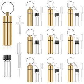 Tandefio 10 Sets Anointing Oil Bottles Keychain Vial Holy Water Container with Dropper Cross Pendant for Travel Baptism Favor(Gold)