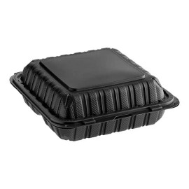 Choice 9" x 9" 3-Compartment Microwaveable Black Mineral-Filled Plastic Hinged Take-Out