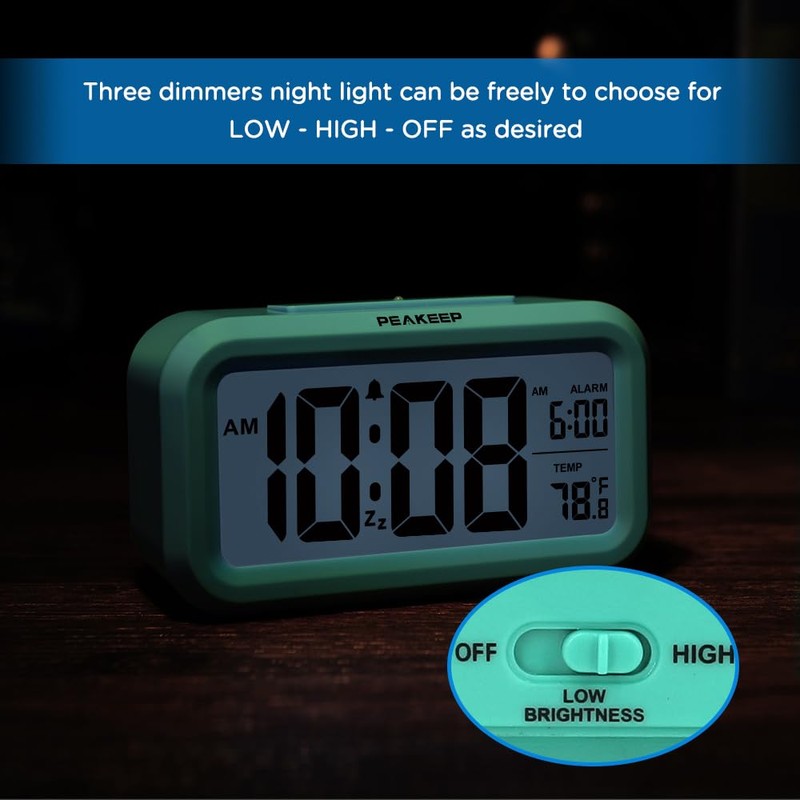 Peakeep Night Light Digital Alarm Clock Battery Operated with Indoor