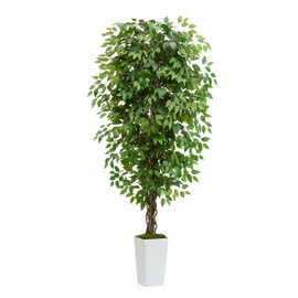 FSOHOI Artificial Ficus Tree 6FT Faux Plants Indoor Tall Fake Plants with White Planter, Green Lifelike Lush Fake Ficus Tree for Home Living Room Bedroom Outdoor Balcony House Office Decor