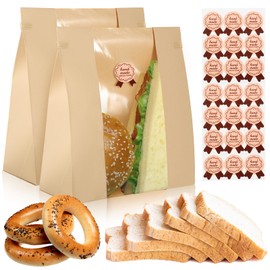 200 Pack 7.9 x 11.8 Inch Large Kraft Paper Bread Loaf Bag with Clear Front Window and Tin Tie Tab Lock, Brown Food Packaging Bags for Storage Homemade Bread Treat Bakery with Label Seal Stickers
