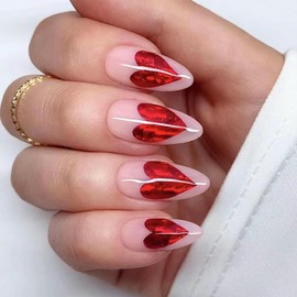 24Pcs Heart Press on Nails Medium Almond Shaped Heart Fake Nails with Glue Glitter Heart Design Valentine's Day Nails Glitter Glossy Almond Nails Stick on Nails for Women and Girls DIY Manicure