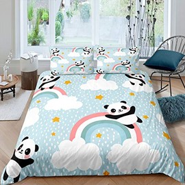 Feelyou Kids Duvet Cover Cute Panda Bedding Set Cartoon Animal Pattern Comforter Cover for Boys Girls Children Teens Bedroom Decor Rainbow Stars Bedspread Cover Queen Size with 2 Pillow Case