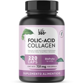 Life 360+ FOLIC ACID COLLAGEN | 220 cápsulas | Cápsulas a base de colágeno hidrolizado con ácido fólico, vitaminas y minerales | Suplemento Alimenticio | Cápsulas de gelatina y agua | 220 caps en tarro.