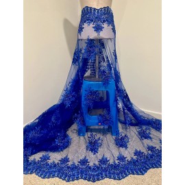 wowfabric4less123 Royal Blue  Embroidery Beaded Sequins Lace Fabric 50” Width 1 Yard