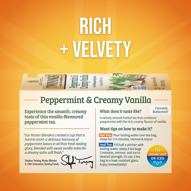 Twinings Peppermint & Creamy Vanilla Herbal Tea Individually Wrapped Bags,