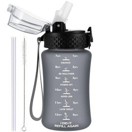 GOPPUS Kids Water Bottle with Straw Spout Lid 10pcs Stickers 12 oz Leak-proof BPA Free Motivational Time Marker Tritan Plastic Water Bottles for Girls Boys School Sports