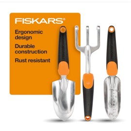 Fiskars 3-in-1 Garden Tool Set with Trowel, Transplanter & Cultivator, Ergonomic