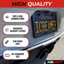 ICBEAMER Black Carbon Fiber License Plate Frames, 2 Pre-Drilled Screw Holes with Install Kit, Universal Fit, Car Wash Safe, Weatherproof, 4 Pieces