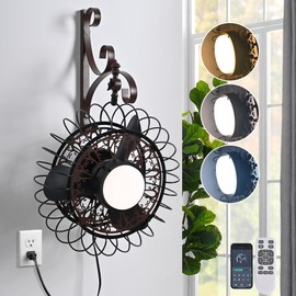 Garwarm 15.74" Wall Mounted Fan with Lights, Adjustable Tilt Plug in Wall Fan and Remote, 6-Speed, Reversible, 3 Color Temperatures Noiseless for Workshop, Patio, Bedroom, Garage