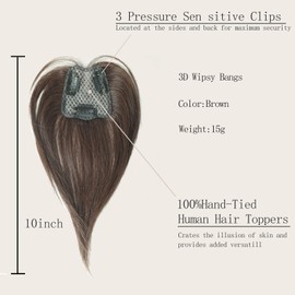 VIJIGIA Hair Toppers for Women Real Human Hair, 10 inch 3D Wipsy Bangs Women Hair Toppers for Thinning Hair, Clip in Hair Topper Top Hair Extensions, Standard Base 2.5"x3", Brown