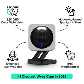 WYZE Cam v4, 2.5K HD WiFi Smart Home Security Camera, Indoor/Outdoor, Pet/Baby Monitor, Motion Activated Spotlight/Siren, Color Night Vision, 2-Way Audio, Works with Alexa & Google, Wired, Grey