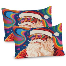 Ambesonne Christmas Pillow Sham Set of 2, Psychedelic Xmas with Santa Claus with Glasses and Colorful Background, Quality Microfiber Bedding Item for All Seasons, 26" x 20", Purple and Multicolor
