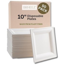 brheez 10 inch Disposable Dinner Plates For Parties Heavy Duty Paper Alternative 50 Pack Natural Sugarcane Bagasse Fiber
