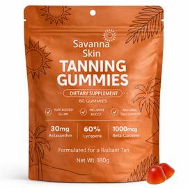 Savanna Skin Tanning Gummies, with Vitamin C & E, Astaxanthin, Beta Carotene, Skin Radiance & Hydration for Natural Looking Glow, Bronzing, Non-GMO, Vegan & Sugar Free - 60 Count (1)