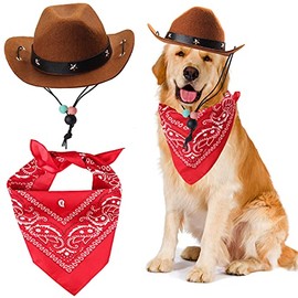 Yewong - Disfraz de vaquero para mascota, para perro, gato, tamaño de mascota, sombrero de vaquero y pañuelo para el oeste, accesorios para cachorro, gatito, fiesta y uso diario, juego de 2 (café)