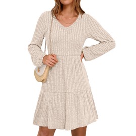 ANRABESS Women's Long Lantern Sleeve Ribbed Knit Dresses V Neck Casual 2025 Fall Winter Flowy Swing Tunic Sweater Short Dress Light Khaki Small