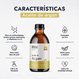 HEBBE - Aceite de Argán 250 ml | Cuidado de Labios y Piel | Atenua Arrugas | Hidratante y Mejora Afecciones Cutáneas | Contenido de 250ml