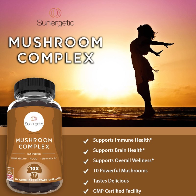 Sunergetic Premium Mushroom Gummies Supplement -for Immune Health, Brain, Mood