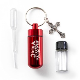 Travel Catholic Holy Water Bottle, Red Keychain Container Kit with Plastic Eyedropper and Small Glass Vial with Screw Top Metal Keyring Holder with Crucifix Cross Pendant, Botellas Para Agua Bendita