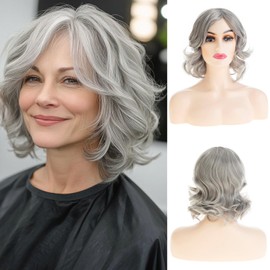 Short Grey Bob Wig for Women Shoudler Length Natural Wavy Heat Resistant Synthetic Daily Party