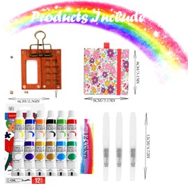 Mini Watercolour Travel Set, Pocket Watercolour Set, Watercolour Paint Box 12 Colours & Mini Wooden Painting Palette & Sketchbook & 3 Pieces Water Brush Pens for Painters, Artists, Students, Hobby