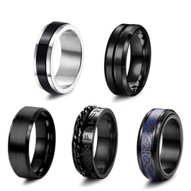 KALVICA 5PCS Stainless Steel Fidget Ring for Men Black Anxiety Spinner Rings Set Size N-12 P-1/2 R-1/2 T-1/2 V-1/2 X-1/2 Z-1/2