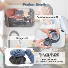 SanKristo Soap Dispensing Dish Brush 2 Pack, Push Button Auto Refill Kitchen Brush for Dish Pot Pan Cleaning