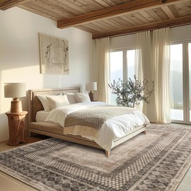 NICETOWN Area Rug 5x8, Brown Oriental Rug for Living Room, 5'x 8' Washable Thin Carpet for Bedroom, Non-Slip Stain Resistant Foldable Large Carpet Pet & Kids Friendly for Dining Room