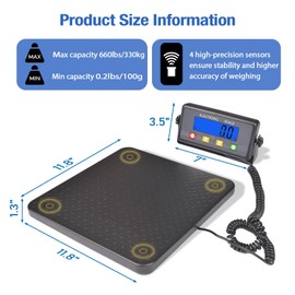 Surmountway Industrial Shipping Scale 660lbs with Anti-Slip Aluminium Platform, 11.8" x 11.8" Black Portable Digital Postal Scale for Shipping Packages Luggages with Tare/Count/Auto-Off Functions
