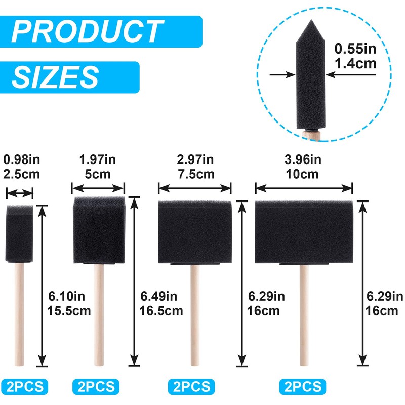 CustomyLife 8 Pcs Foam Paint Brushes, 4 Sizes Wood Handle