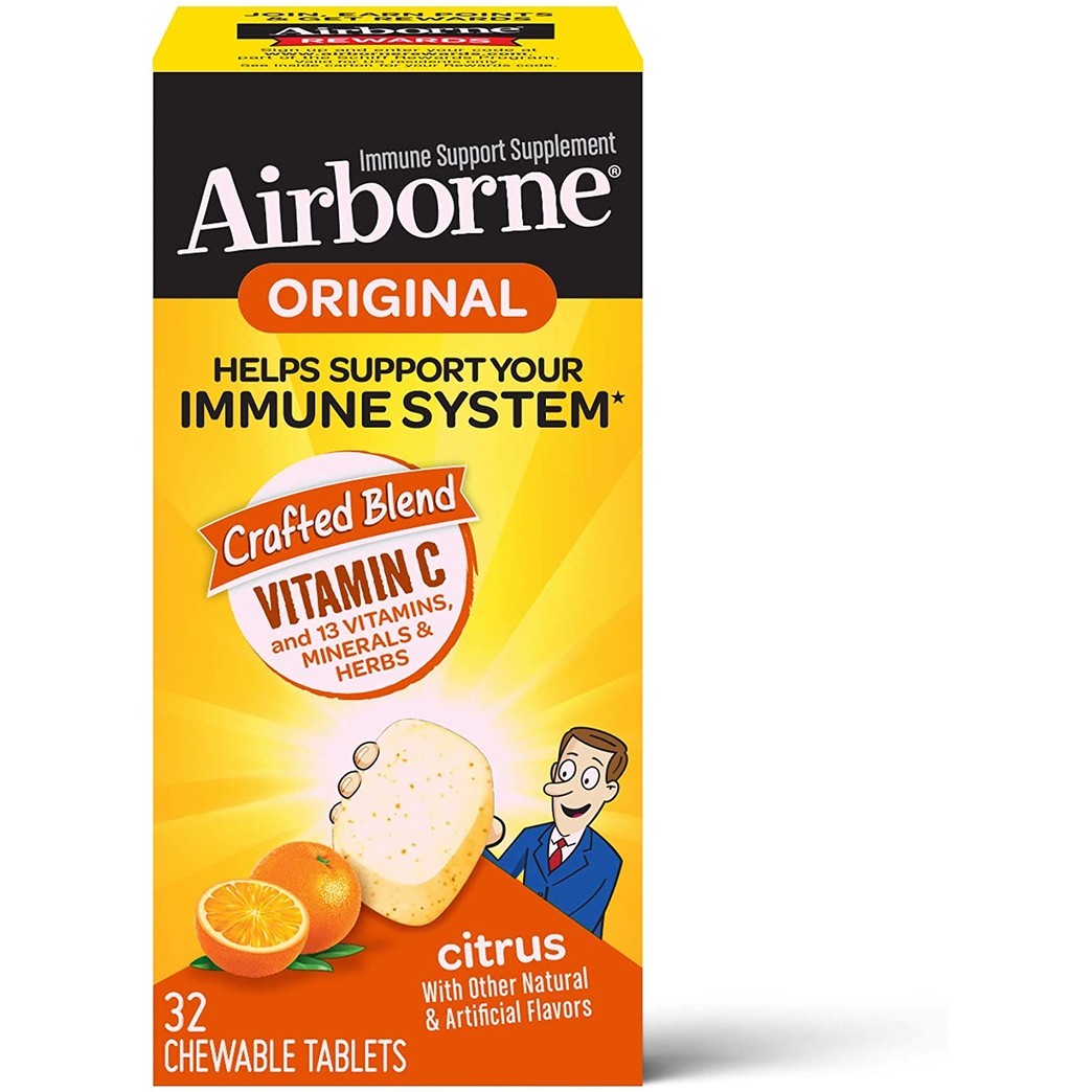 Vitamin C 1000mg (per serving) - Airborne Citrus Chewable Tablets (32 count in a box), Gluten-Free Immune Support Supplement and High in Antioxidants