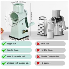 Ziweaye Rotary Cheese Grater, Vegetable Shredder 5 in 1 Cheese Grater with Handle edder Reinforced Suction,Easy to Clean,Kitchen Chopper for Crushed Ice,Fruits and Nuts with Blade Storage Case（Green）