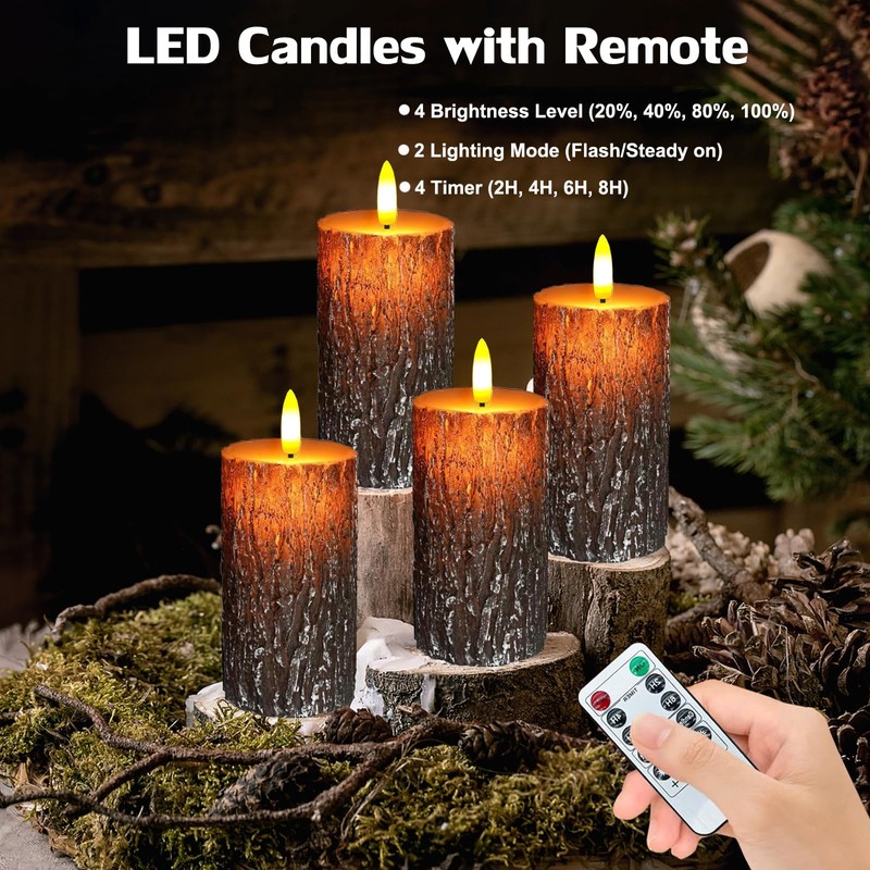 Flameless Candles Lights, Set of 2 6"x3" Pine Bark Flickering