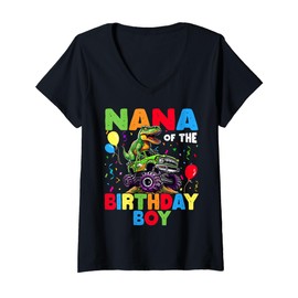 Womens Nana of The Birthday Boy Dinosaur T-Rex Monster Truck V-Neck T-Shirt