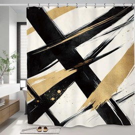 Kalmico - Cortina de ducha abstracta moderna minimalista de 60 x 72 pulgadas de largo, color negro, dorado neutro, arte contemporáneo, estético, simple, accesorios de decoración con 12 ganchos