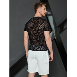 WDIRARA Men's Floral Print See Through Round Neck Short Sleeve Mesh Tshirt Party Top Marble Print Black L