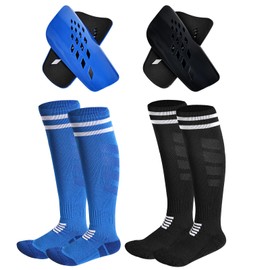 Topbuti 2 Pairs Soccer Shin Guards for Kids Youth Adults, Shin Pads and Long Soccer Socks for 3-15 Years Old Boys Girls, Protective Gear Soccer Equipment for Football Games (Medium, Black, Blue)
