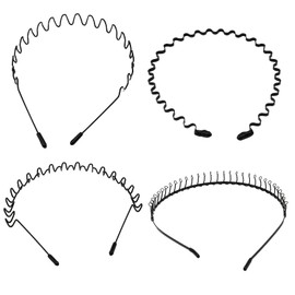 4 Pack Metal Headband Hair Hoop, Black Fashion Wavy Headband for Men, Invisible Sports Tide Simple Style Back Hair Hole for Washing, Makeup, Exercise