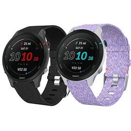 Compatible for Garmin Forerunner 255 Band, Lamshaw Breathable Nylon Woven Fabric Replacement Accessory Strap Compatible for Garmin 255 46mm / 255S 41mm Smartwatch (46mm case Forerunner 255, 2 pack-Black+Purple)