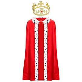 ADULTS KING COSTUME - RED VELOUR KING'S ROYAL ROBE + GOLD CROWN WITH JEWELS - PRINCE'S ROBE CAPE & CROWN FANCY DRESS COSTUME SET FOR MEN (SIZE: X-LARGE)