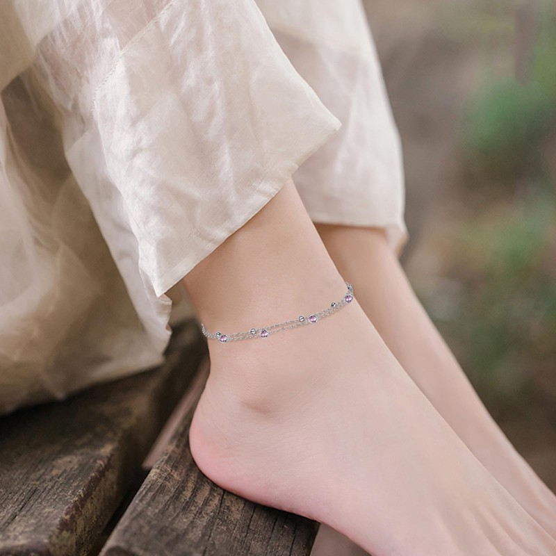 POPLYKE S925 Sterling Silver Crystal Tanzanite Purple Anklet Layered Chain