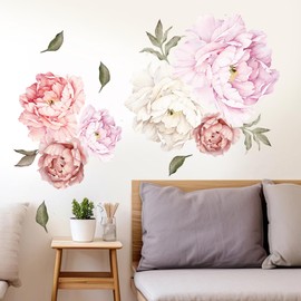 Large Floral Wall Sticker Set,Peonies Wall Decals,Pink White Flowers for Living Room Nursery Dining Space