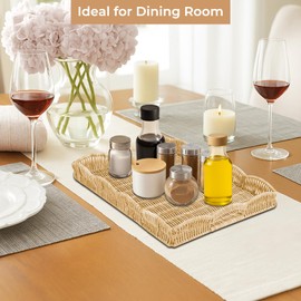 Rectangle Wicker Scalloped Tray, Hand Woven Synthetic Rattan Serving Tray with Handles, Coffee Table Decorative Tray Basket for Modern Boho Rustic Home Ornament or Organizing (Beige)