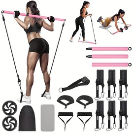 Hot Pilates Bar Kit with Ab Roller, Adjustable 3-Section Pilates Bar with 6 Resistance Bands for Women/Men, Portable Yoga Pilates Bar for Home Gym Full Body Shaping Visit the RINREA Store