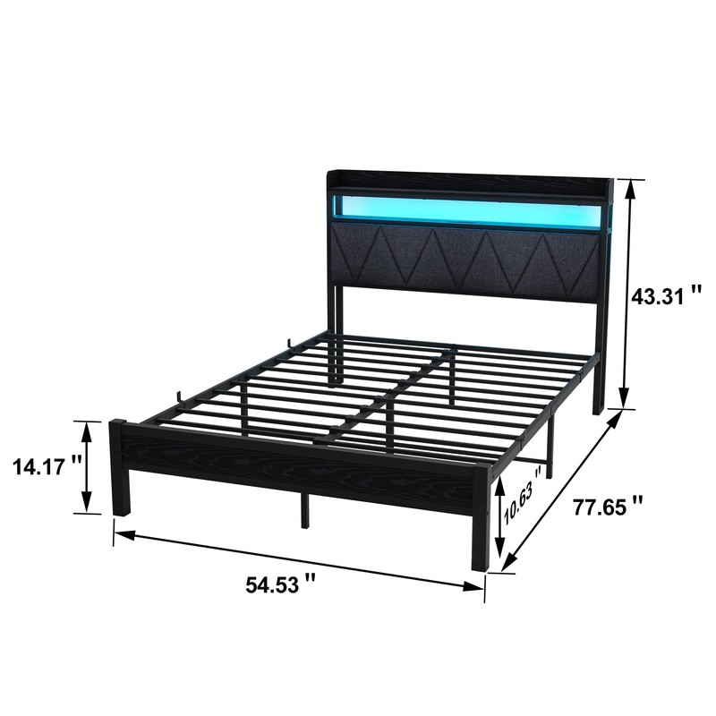VERFARM Full Bed Frame with LED Lights Storage Upholstered Headboard