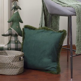 Northlight 18" Dark Green Suede Square Throw Pillow with Fringe Edges