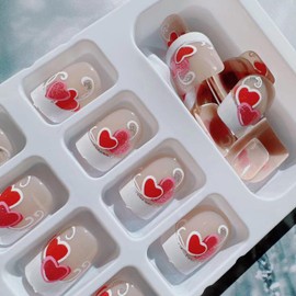 Valentine's Day Press on Nails Short Square Red Heart Glitter Design French Tip False Nails Sparkly Valentine's Press ons French Nail Tips Full Cover Cute Love Fake Nails Glue on Nails for Women 24Pcs