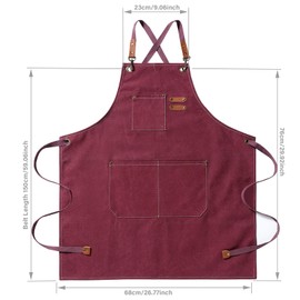 HIUOUIH Men's Kitchen Apron 76 x 68 cm Cooking Apron Men and Women Barbecue Apron with Adjustable Strap and 3 Pockets Work Aprons for Cooking, Baking, Kitchen, Restaurant, red